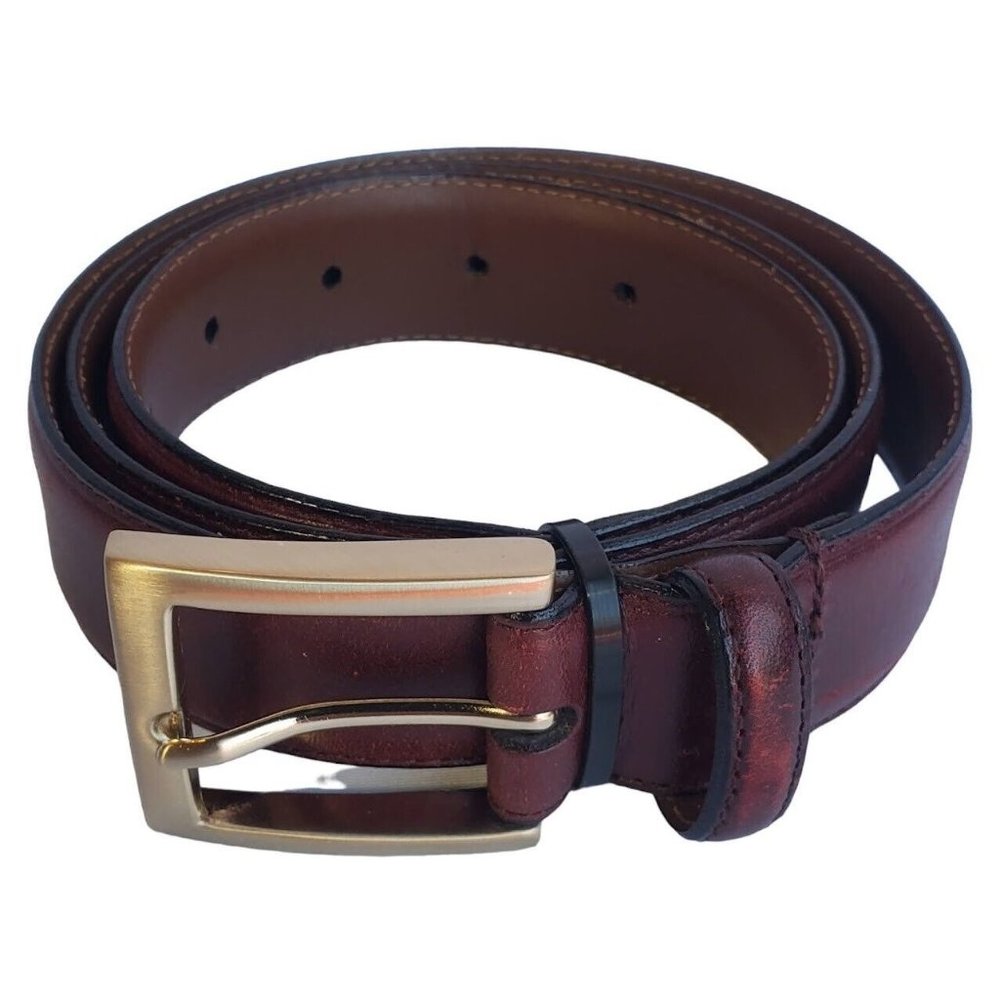 Men's Warehouse 32 Italian Leather Brown Dress Belt Brushed Brass Gold Buckle